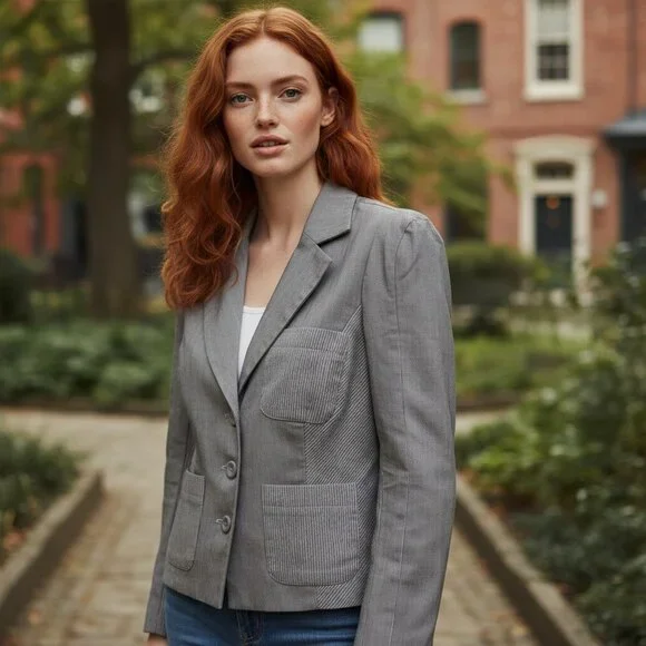 DIANE VON FURSTENBERG DVF Pinstriped Peplum Blazer 6 M Crop Jacket Seersucker - Picture 1 of 15